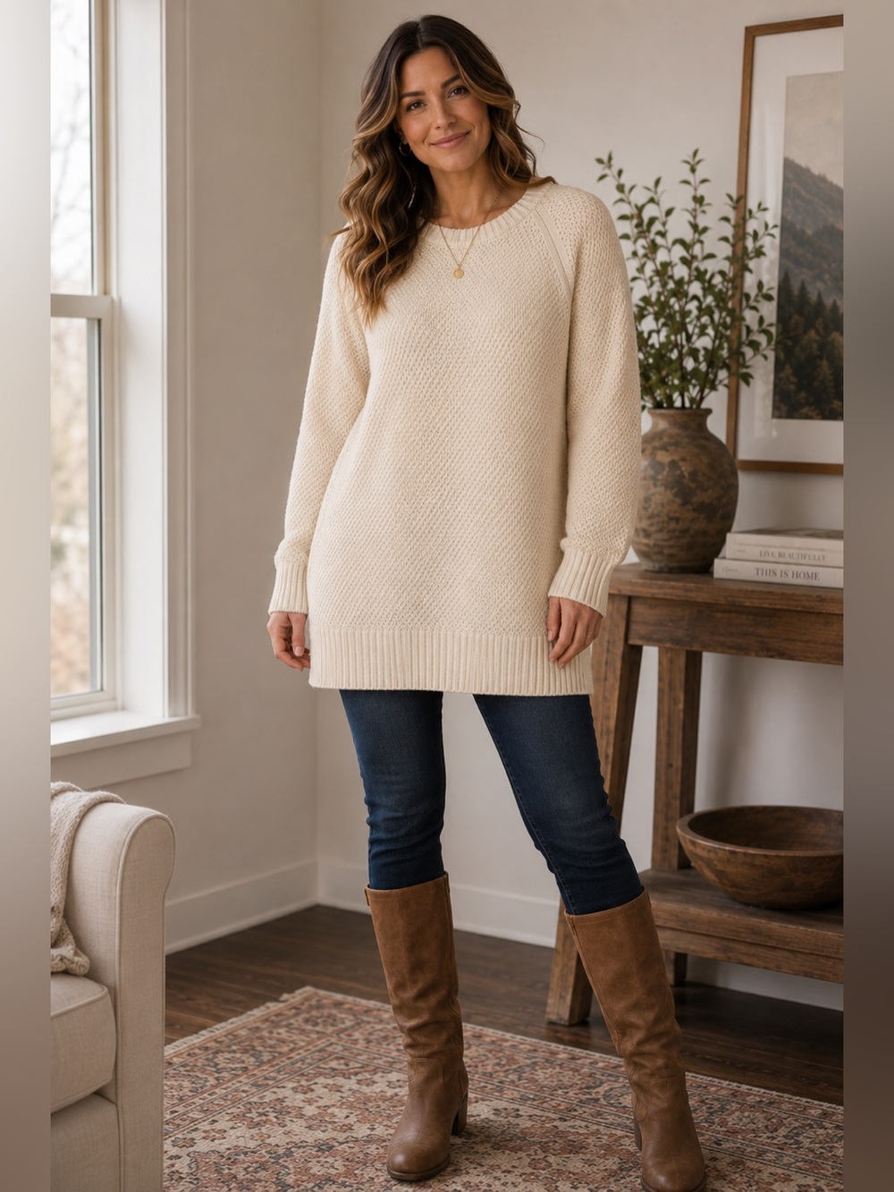 Old Navy Cream Ivory Textured Knit Longline Crewneck Tunic Sweater Large NWT